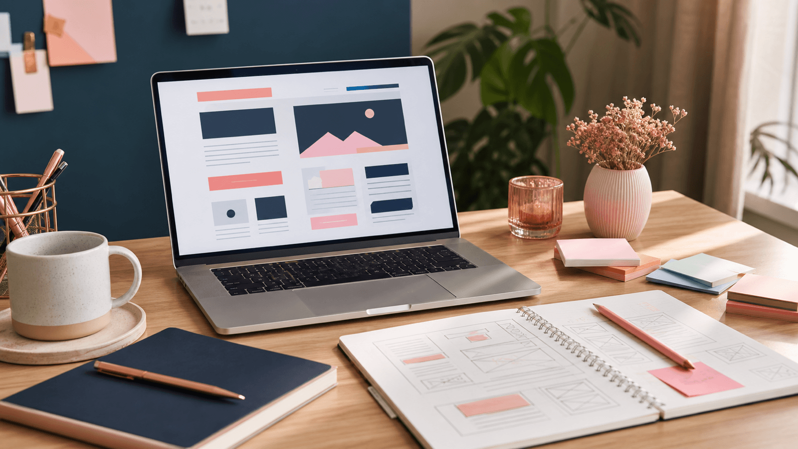 Escritorio con portátil y bocetos de una landing page