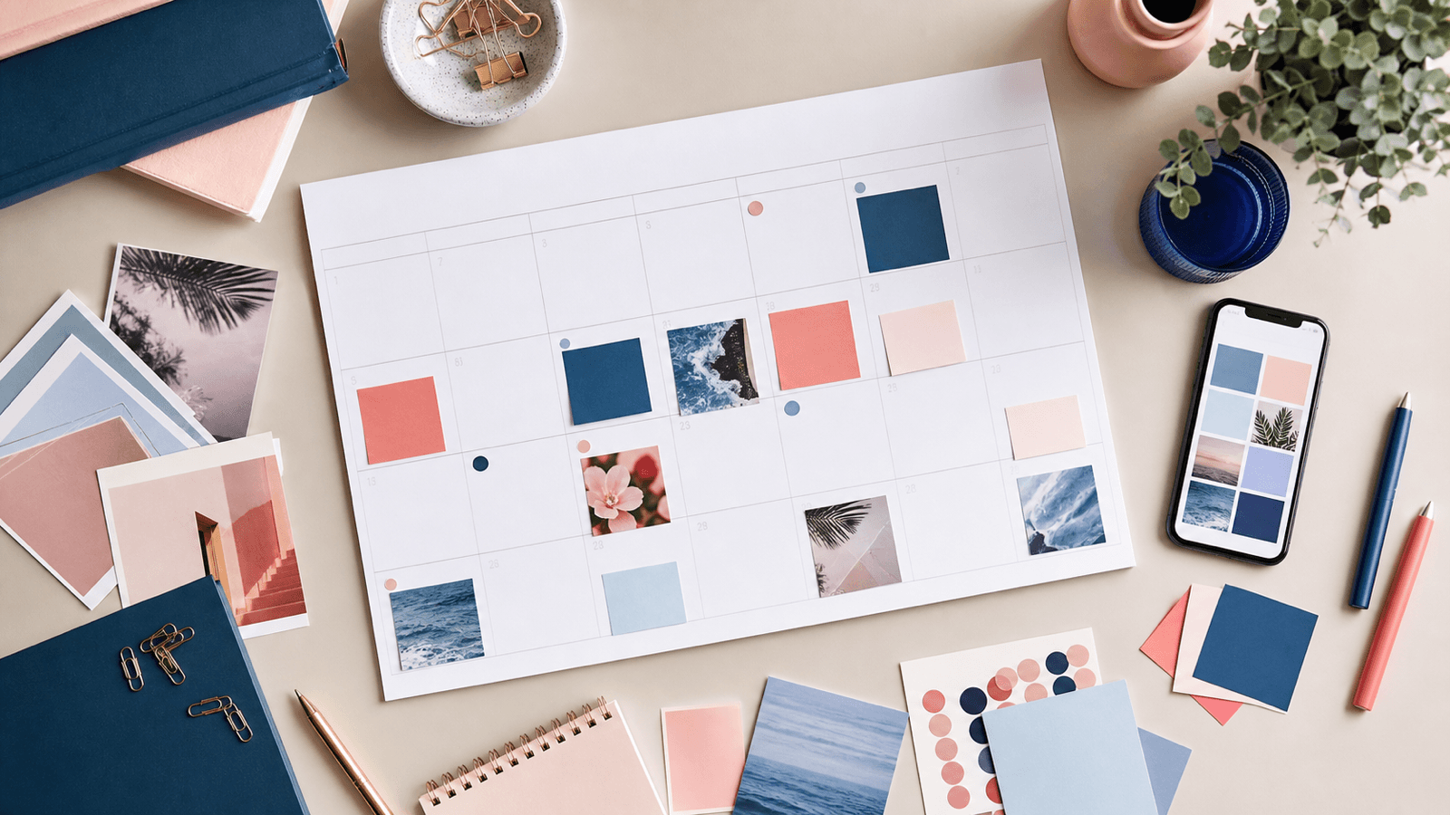 Calendario editorial y teléfono para planificar contenidos de redes sociales